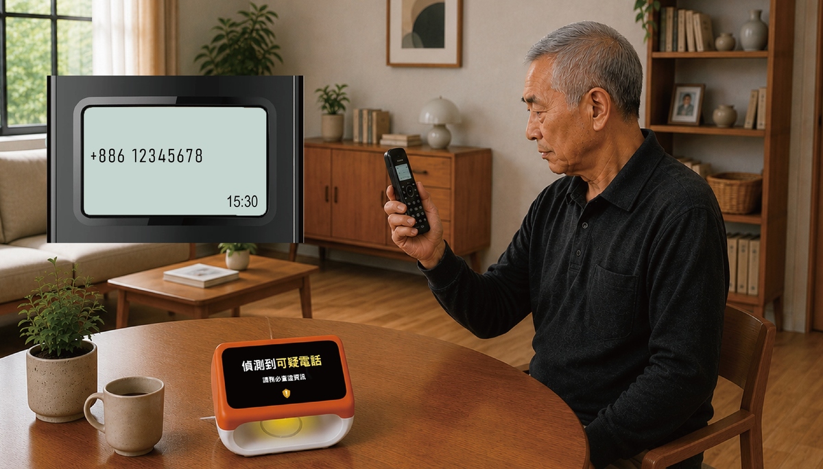 高齡者在家中使用室內電話時，若遇不明來電時，將以黃燈預警。