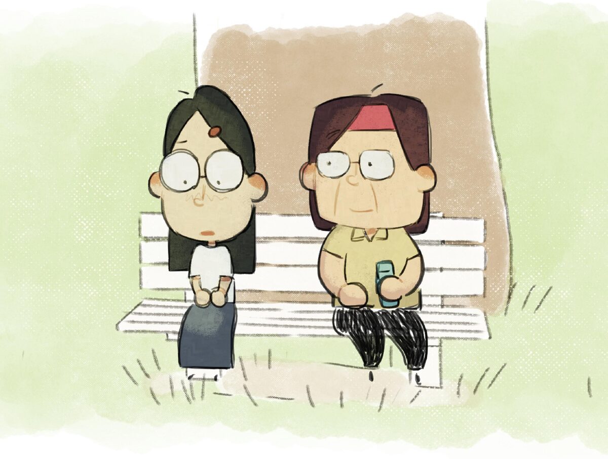 公園的阿姨坐到陳筱芸身旁。