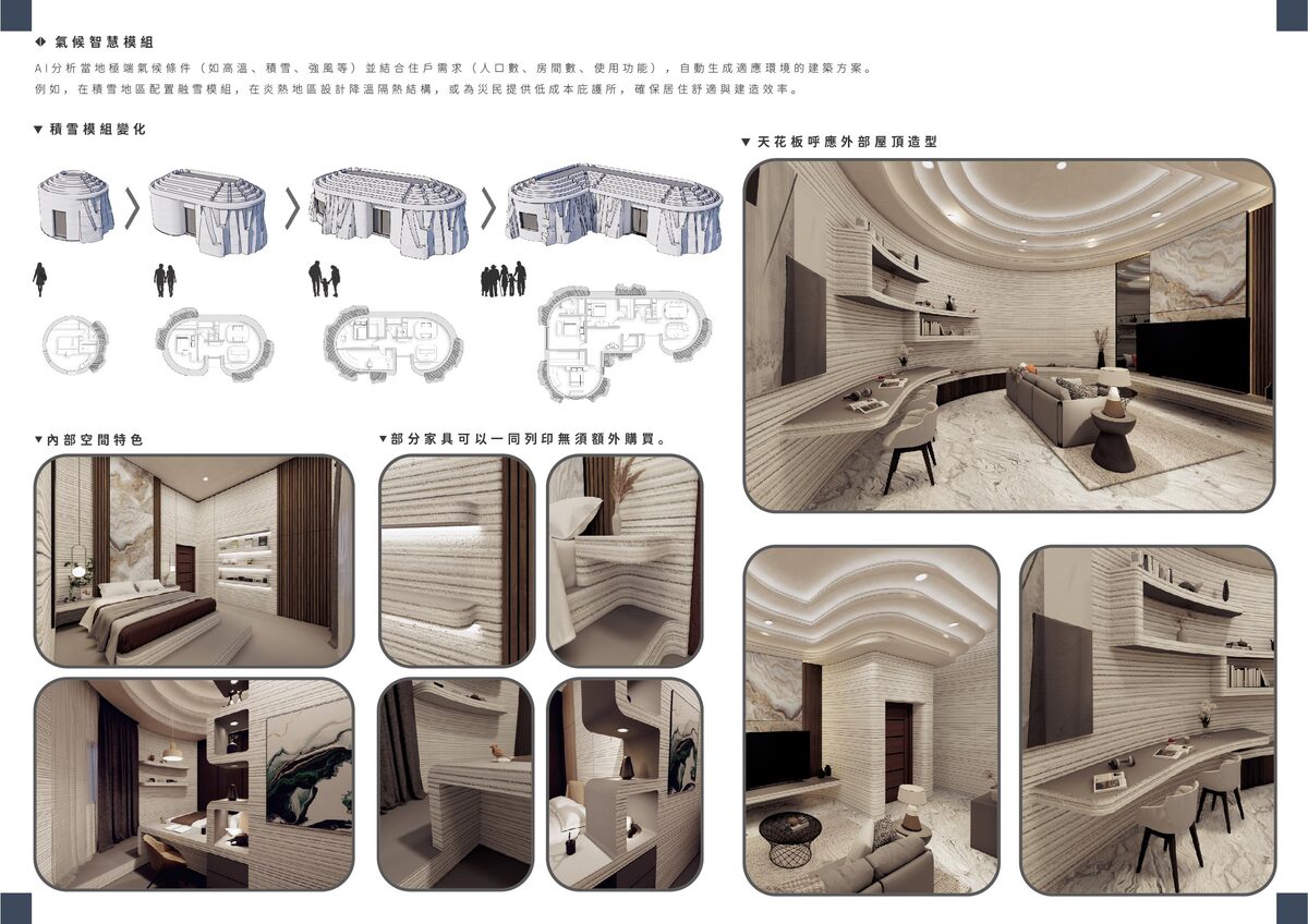 此氣候住宅為智慧模組，可以根據不同人口的需求改變生成的外形。