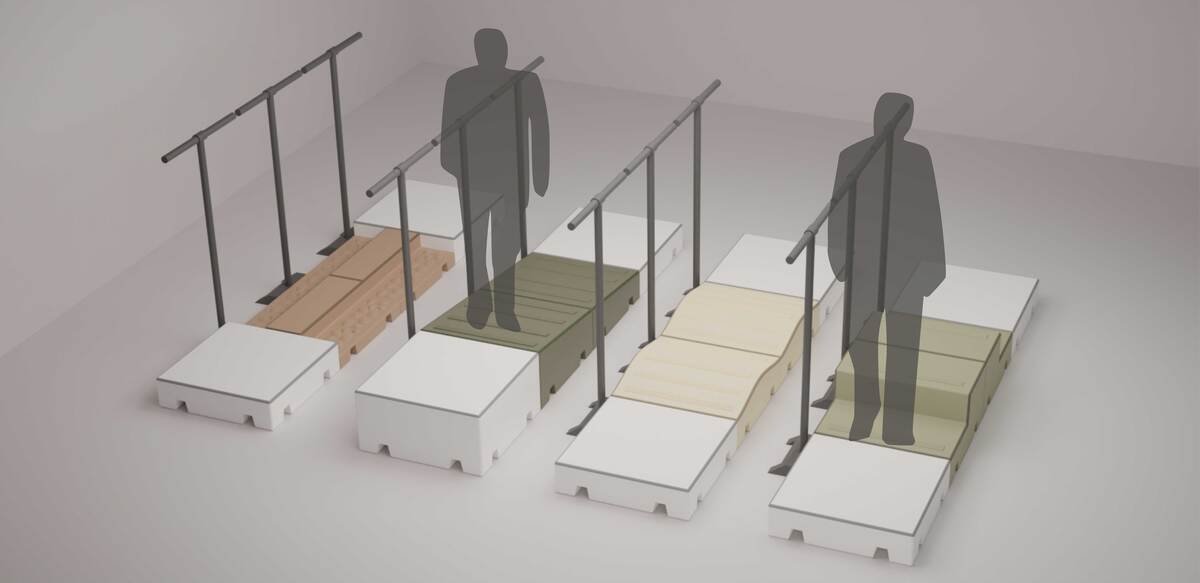 裝設步道時可依照想訓練的項目進行自由排列安裝，大致可分為自由排列、四種地形步道(樓梯、斜坡、平衡木健康步道，波浪)、矩形排列。

