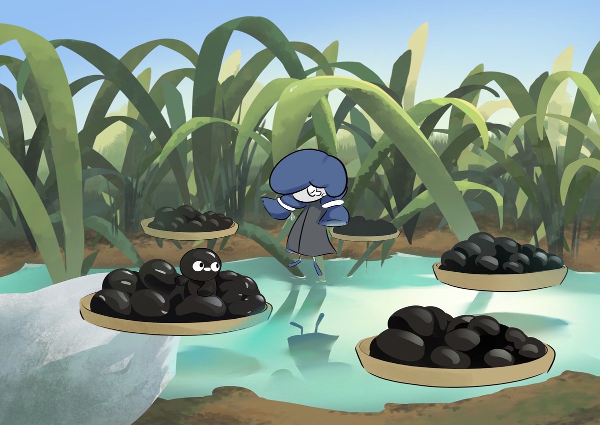 醬 油 釀 造 中 ， 利 用 麴 發酵 的 步 驟 ， 角 色 形 象 對應 的 是 憂 的 情 緒 。