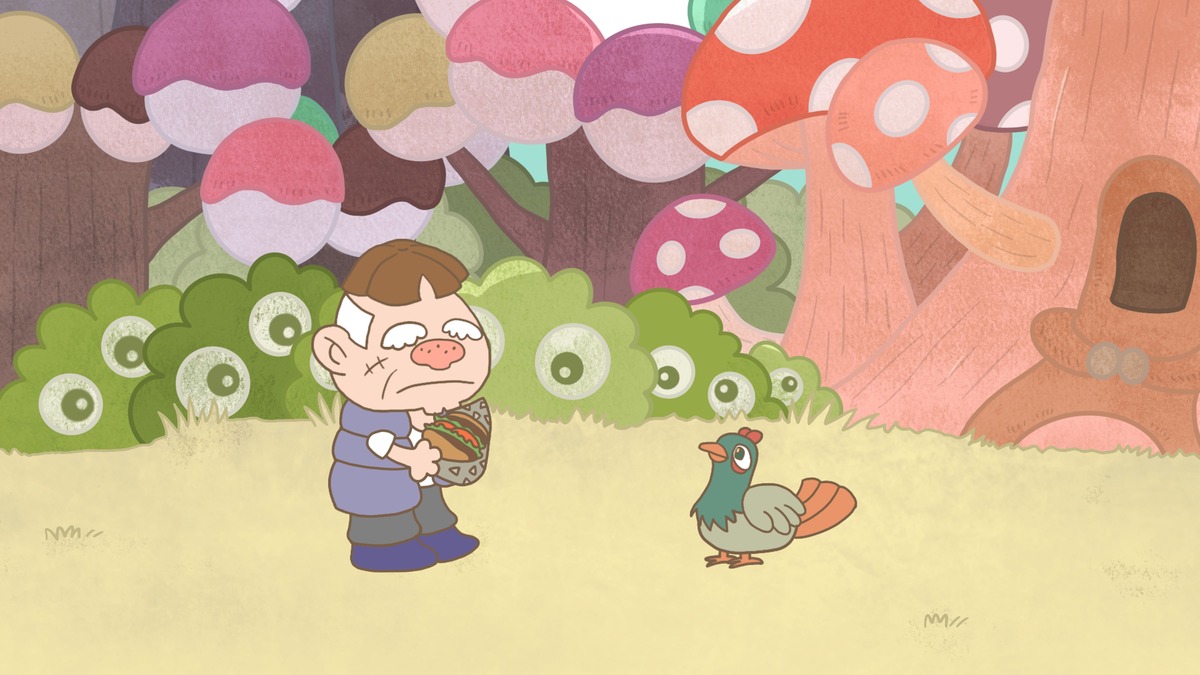 The bird spotted the food in the old man's hand and stared at him.
