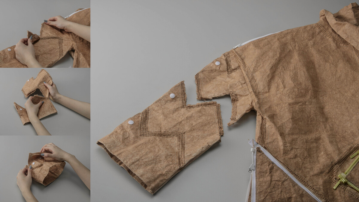 撕開孔洞調袖長，拆下即口袋。