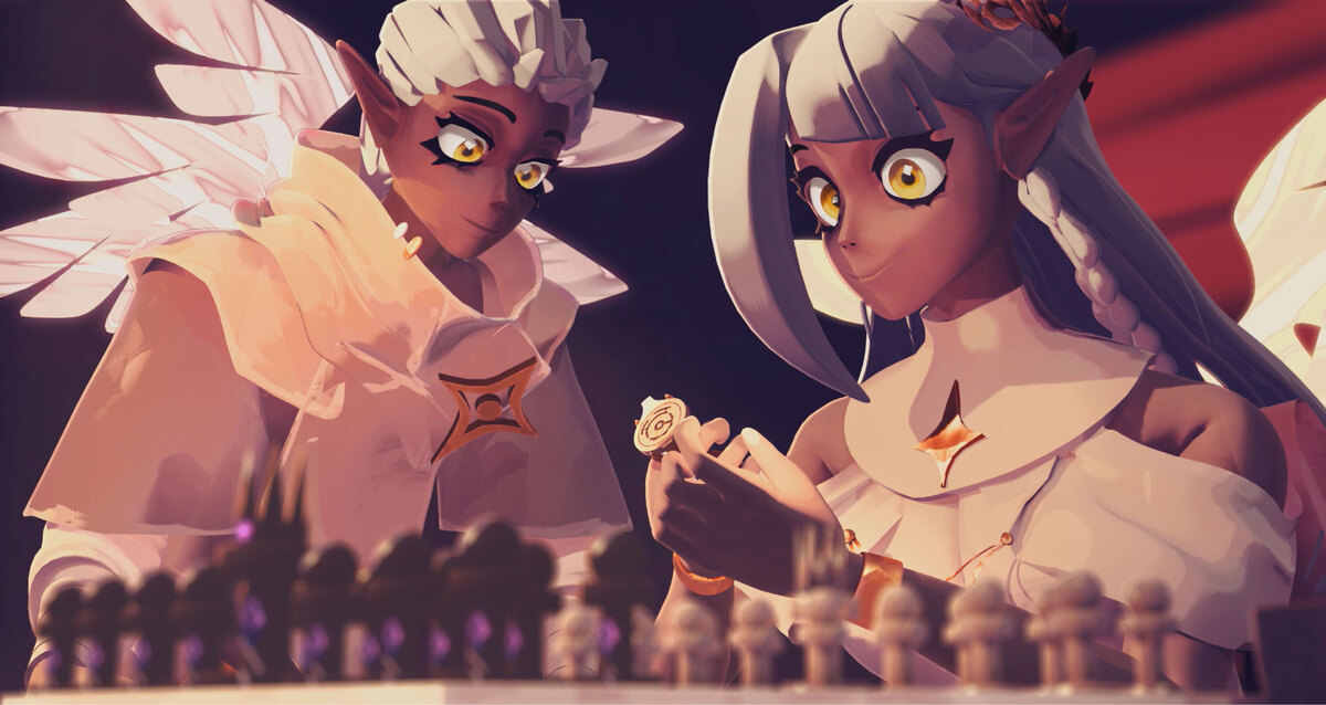 Luxsariel與Seraphina在討論天使與惡魔的發展。