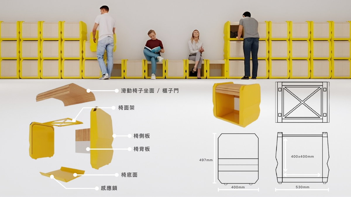 捲簾滑動門系統可將座椅平滑地轉換為儲物櫃，從而實現靈活的儲存、高效的流通和適應性強的公共空間使用。