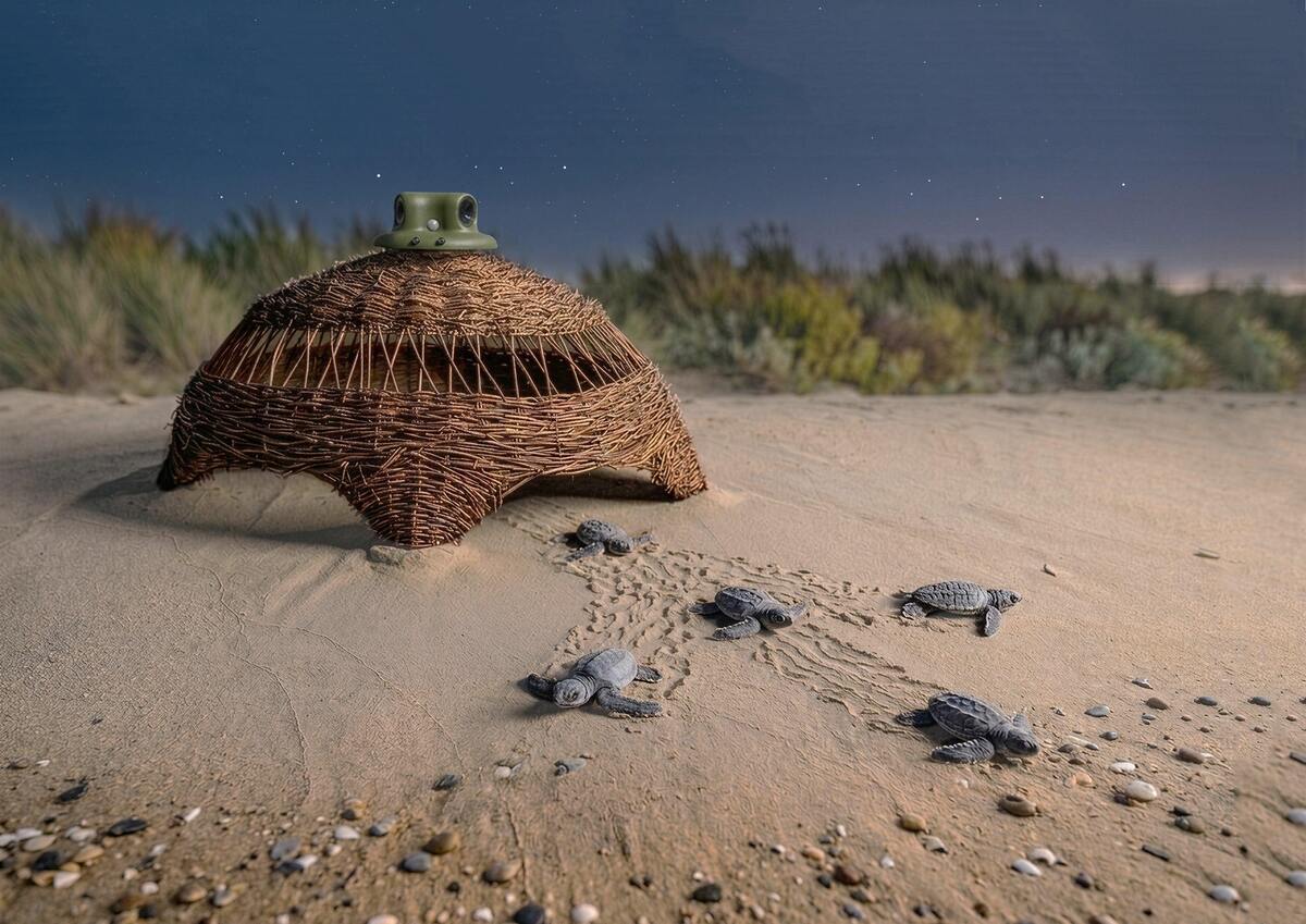 The baby sea turtle successfully hatched and crawled towards the sea under the moonlight.