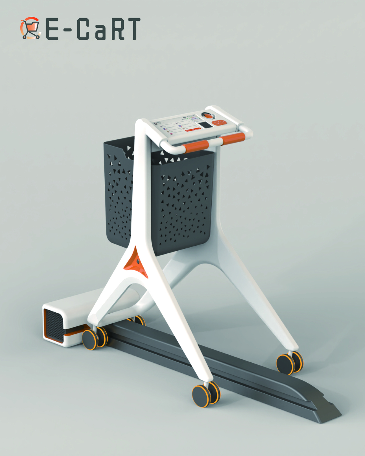 充電座採取磁吸充電，購物車可自動推回