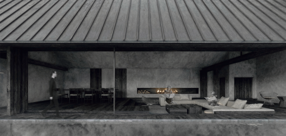 獨棟 Villa 以開放式客廳與餐廳串聯生活場景，透過水平展開與大面開口，引入霧氣與山林景觀，營造沉靜而私密的停留氛圍。