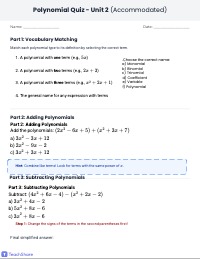 Add scaffolds and reduce number of problems. Create an accommodated test for an IEP student making sure to cover main concepts aligned with math 2 high school standards.