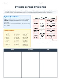 Mastering Syllable Types Independent Sorting Activity