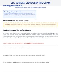 MAKE ME READING MATERIALS ANCHORED TO THIS OVERVIEW PLAN PLEASE GIVE ME FIVE AS OF THIS TIME IN THE READING MATERIAL FOVCUS ON THE CORE COMPETENCIES ADD THE STANDARDS THEY DEVELOP EACH READSING MATERIAL MAKE IT EASY SINCE ITS REMEDIATION SUMMER PROGRAM FOR ELA, THIS IS AN ADD ON READIN FOR MY STUDENTS WITH QUESTION LIKE 1-3 ONLY OR THEY NEED TO HGLHIT IT AND ALSO HIGLHIT VOCABS