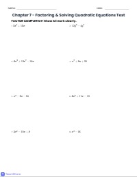 Chapter 7 Part 2 Review Factoring and Solving Quadratics
