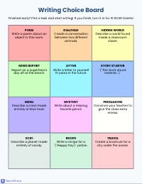 Creative Writing Early Finisher Choice Board