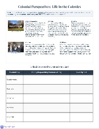 Colonial Life Perspectives Homework