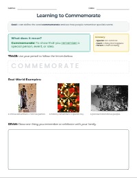 Learning to Commemorate: Newcomer Vocabulary Worksheet