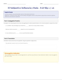 Spanish Subjunctive: Influence and Doubt Exit Slip