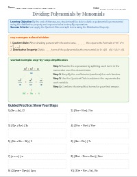 Algebra I Section 8.1: Dividing Polynomials by Monomials