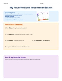 My Favorite Book Recommendation Worksheet