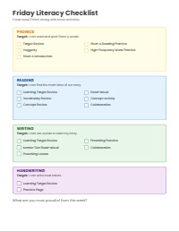 Weekly First Grade Literacy Progress Checklist