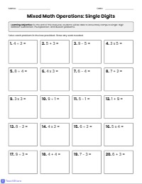 Mixed Single-Digit Arithmetic Practice Worksheet