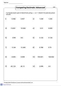 Comparing Decimals Worksheet