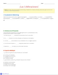 Spanish Celebration Vocabulary and Present Tense Quiz