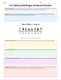 US History Eras: Colonization to Reconstruction Bell Ringer