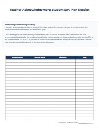Teacher Acknowledgement of Student 504 Plans