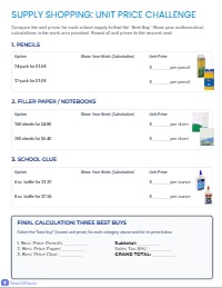 Create it with more real life  examples. Make the computer shopping page into two pages with a larger table to show work. Have more clear instructions on the pages.