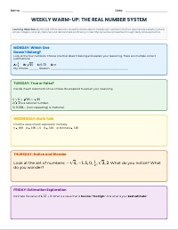 Real Number System Weekly Warm-Up