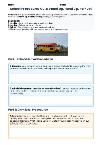 School Procedures Quiz: Stand Up, Hand Up, Pair Up