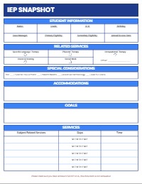 Create one colored snapshot that response is editable, but add a section for Special considerations including check boxes for BIP, Special Equipment, Health Needs, Assistive technology and include statement in this box, see full plan, also, include a disclaimer at the bottom, Please make sure you have access to full IEP on IC, this document is not exhaustive