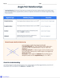 Identify and Classify Angle Pairs