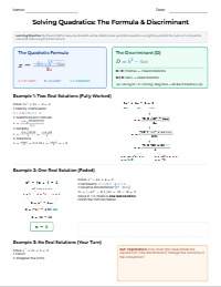 Quadratic Equations and the Discriminant Master Sheet