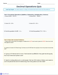 Mastering Decimal Operations Math Quiz