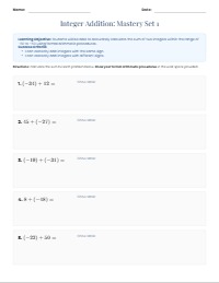 Adding Positive and Negative Integers Worksheet