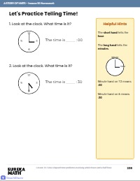 Make this into K/1st grade level. No word problems. Simple telling time with helpful hints on the side.