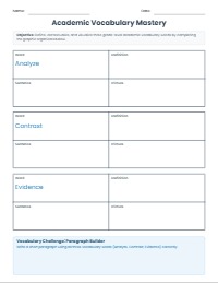 Academic Vocabulary Concept Organizer Worksheet