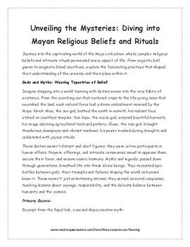 Religion & Rituals of Maya: Mayan Reading Comprehension Worksheet ...
