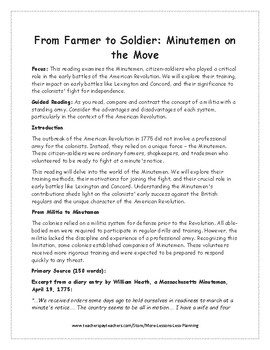 Farmer to Soldier: Minutemen American Revolution Reading Comprehension ...