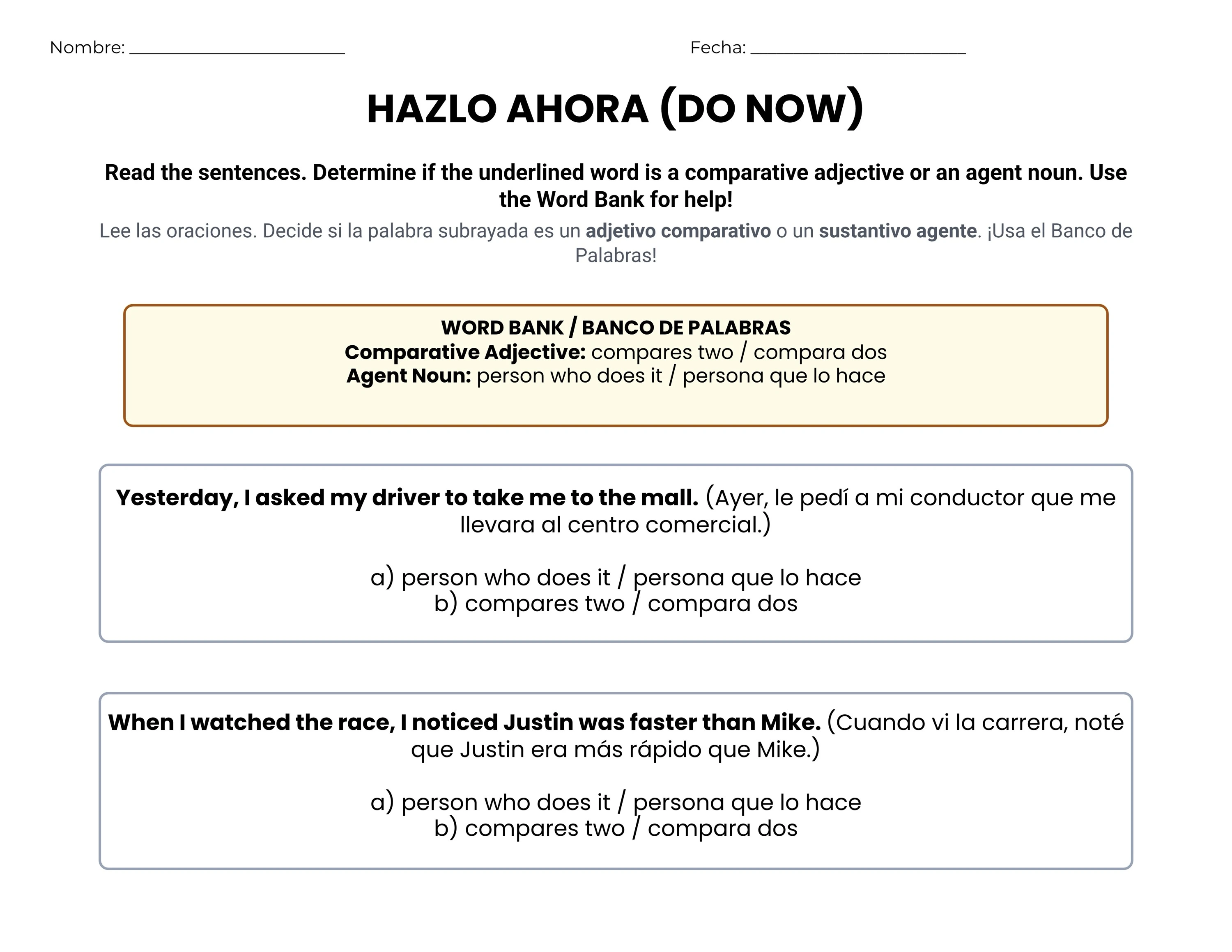 Spanish translated worksheet — page 1