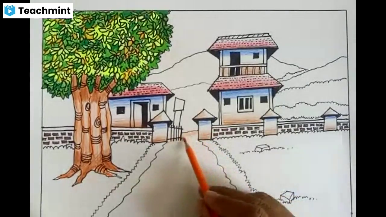 Simple Village Scenery Drawing | Easy Landscape drawing - Drawing Class- 5  - YouTube