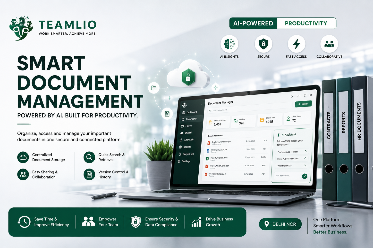 AI-powered Document Management Software in Delhi NCR by Teamlio for secure document storage, quick search, collaboration, and improved business productivity.