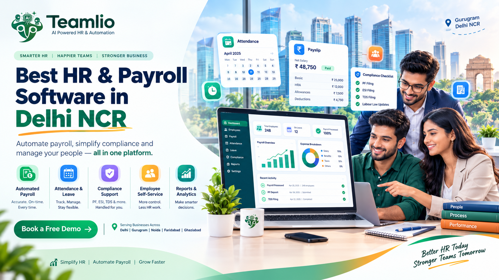 Teamlio HR and Payroll Software in Delhi NCR with automated payroll, attendance, compliance, and employee management.