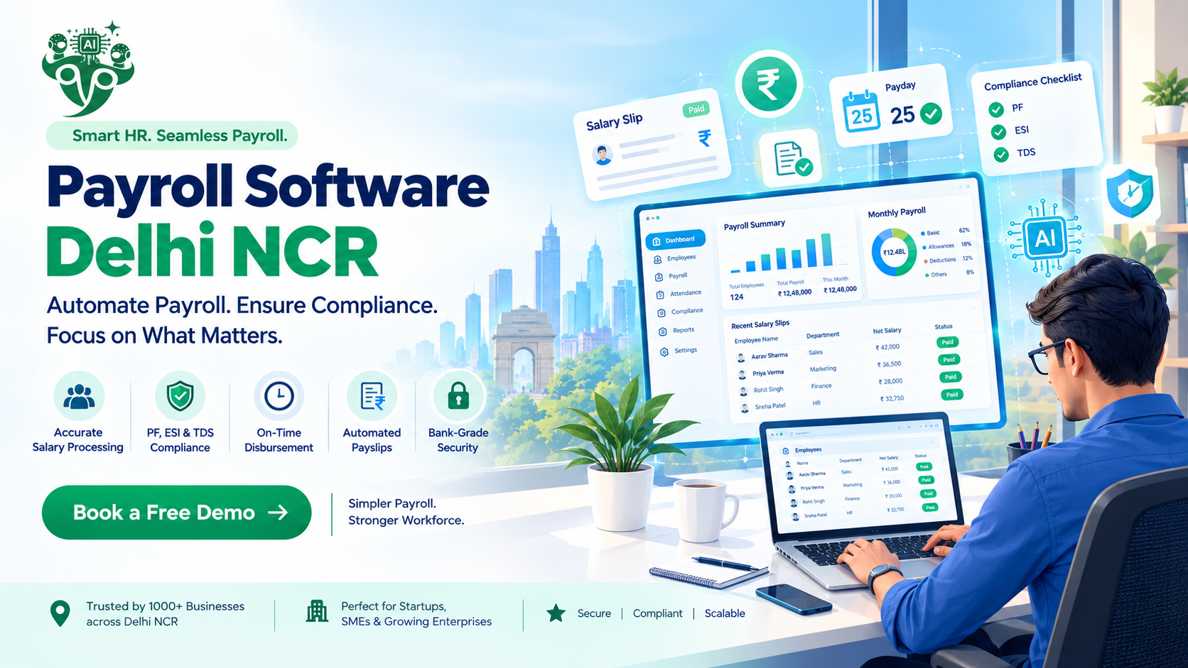 Payroll software in Delhi NCR by Teamlio with salary slips, PF, ESI and TDS compliance dashboard