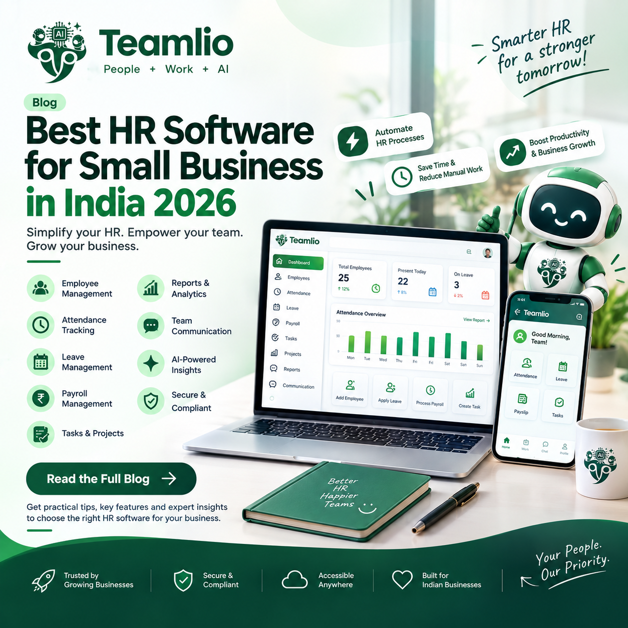 Best HR software for small business in India 2026 – Teamlio HR software dashboard with AI-powered HR management