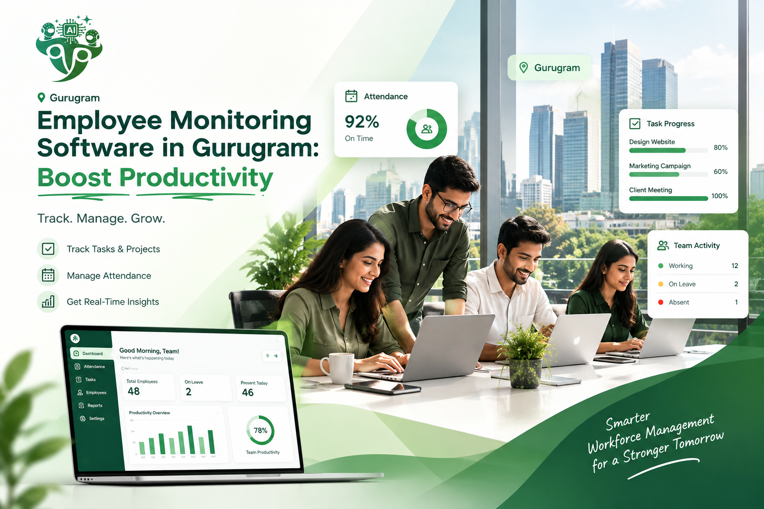 Teamlio employee monitoring software in Gurugram with a team productivity dashboard, attendance tracking, and task progress reports.