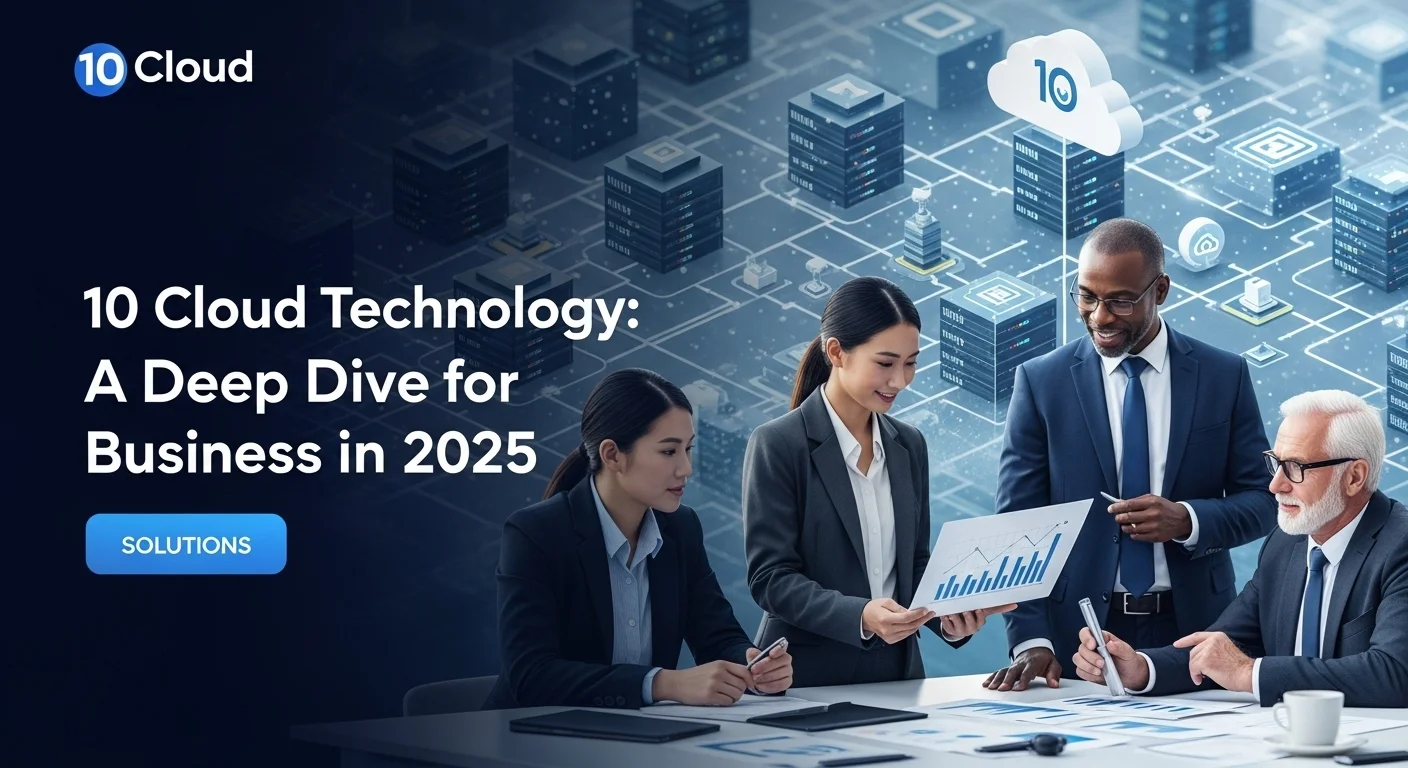 Modern technology landscape with business elements and tech solutions for 10 Cloud