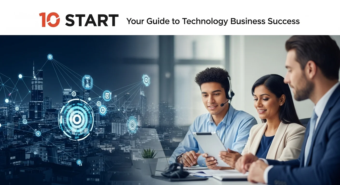 Modern technology landscape with business elements and tech solutions for 10 Start