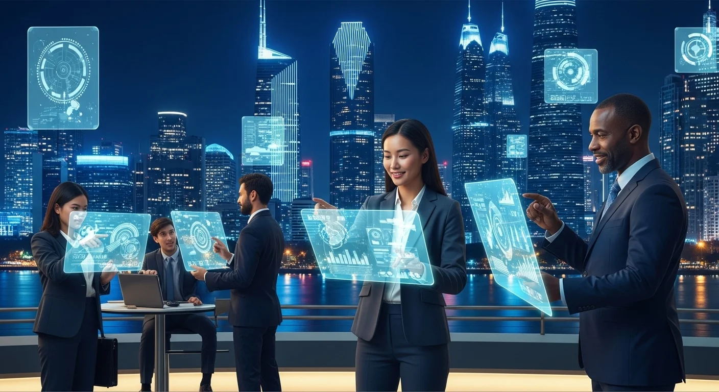 Modern technology landscape with business elements and tech solutions for 2025